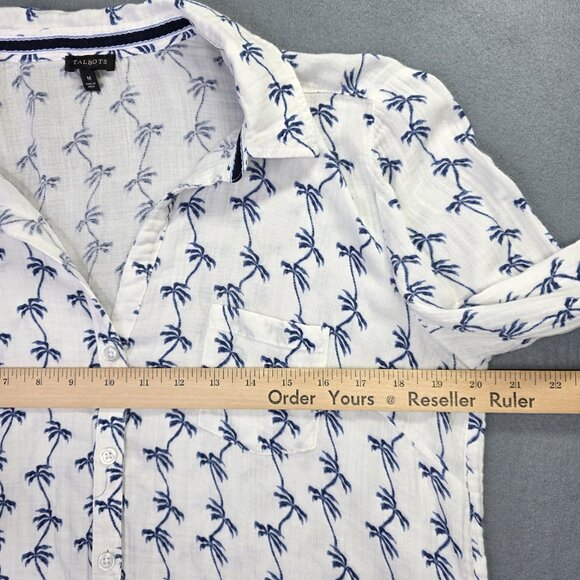 Talbots Tunic Shirt Womens M White Blue Palm Print Pockets Coverup Tropical - Picture 8 of 11